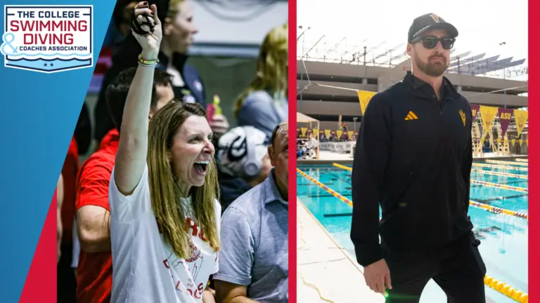 Two college swim coaches at poolside